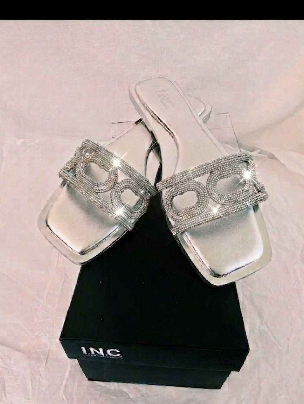 INC International Concepts Hannahh Slide Sandals Silver Rhinestone 8.5M New Box
